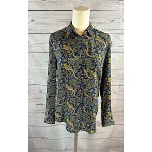 J.Crew Silk Blouse Womens 2 Blue Botanical Cheetah Print Button Front